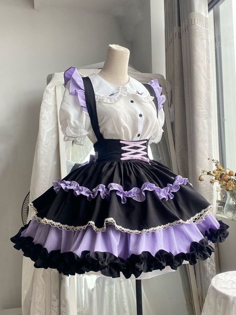 Purple Maid Dress, Purple Clown Outfit, Purple Idol Outfits, Cute Purple Clothes, Cute Skirts Outfits, Purple Fits Aesthetic, Purple Outfits Ideas, Cute Purple Outfits, Purple Pastel Goth