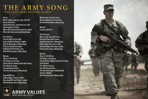 The Army Song  "The Army Goes Rolling Along"  www.army.mil/... Soldiers Creed, Military Songs, Army Values, Army Basic Training, Join The Army, Army Combat Uniform, Army Recruitment, Army Ranks, Army Reserve