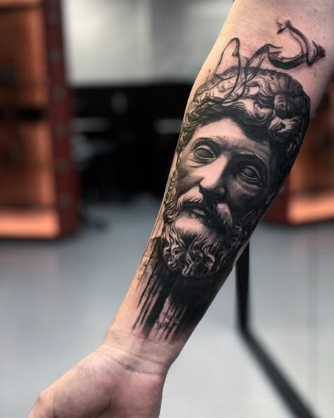 Markus Aurelius tattoo Stoicism Tattoo, Marcus Aurelius Tattoo, Forearm Cover Up Tattoos, Balinese Tattoo, Roman Tattoo, Outer Forearm Tattoo, Medusa Tattoo Design, Forearm Band Tattoos, L Tattoo