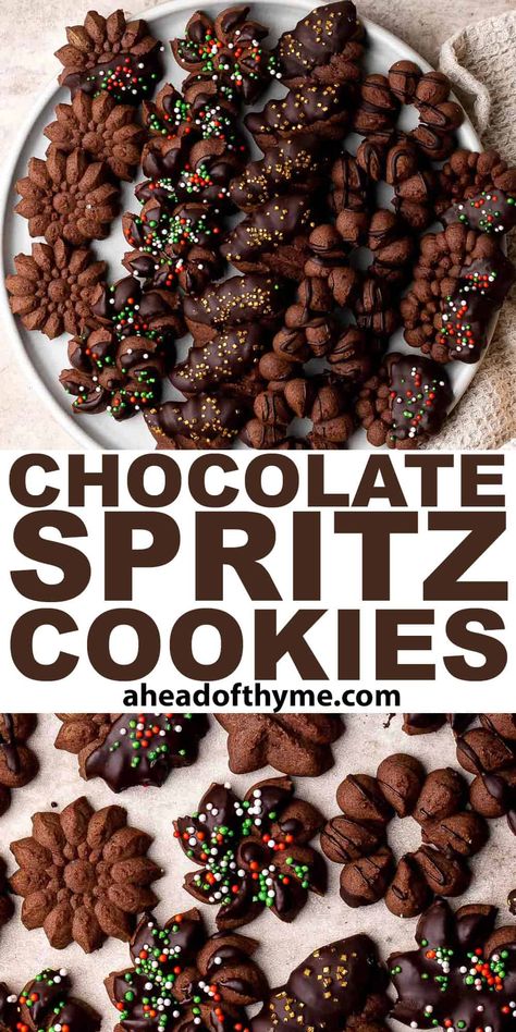 Chocolate Spritz Cookies are a rich and indulgent twist on the classic buttery spritz cookies. These melt-in-your-mouth chocolate cookies are shaped into different beautiful festive designs and can be dipped in extra chocolate or topped with colorful sprinkles for an extra sweet touch. This easy recipe is the perfect way to share the holiday spirit with friends and family without spending too much time baking. | aheadofthyme.com #chocolatespritzcookies #chocolatecookies #spritz via @aheadofthyme Buttery Italian Spritz Cookies, Recipe For Spritz Cookies, Chai Spritz Cookies, Cookie Press Shortbread Cookies, Shortbread Spritz Cookies, Sprits Cookie Recipe, Keto Spritz Cookies, Roll And Cut Cookies, Chocolate Spritz Cookie Recipe