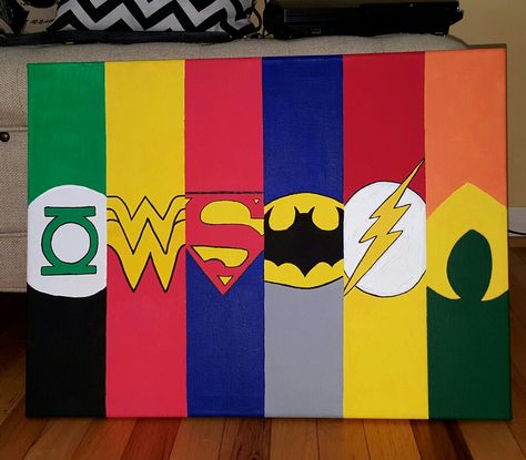 Green Lantern, Wonder Woman, Superman, Batman, The Flash, Aquaman.  Canvas painting Avengers Canvas Painting, Superhero Canvas Painting, Superman Painting, Superhero Painting, Wonder Woman Superman, Avengers Painting, Disney Canvas Paintings, Superman Drawing, Marvel Canvas