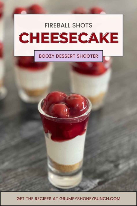 Elevate your dessert game with these Fireball Cheesecake Shots - bite-sized bliss that combines the creamy goodness of cheesecake with a kick of cinnamon-infused Fireball whiskey. A graham cracker crust adds the perfect crunch, while a cherry topping crowns this mini boozy delight. Perfect for parties or a solo sweet escape, these shots are a flavor explosion you won't want to miss. Get this boozy dessert and more at Grumpy's Honeybunch website. Alcohol Desserts Easy, Fireball Whiskey Cheesecake Shots, Fireball Cheesecake Shots, Fireball Fudge Recipe, Fireball Cheesecake, Booze Desserts, Fireball Fudge, Cheesecake Shots, Drunken Desserts