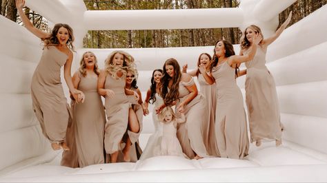 Wedding Bounce House with Bridesmaids White Bounce House Wedding, White Bounce House Photoshoot, Bounce House Photoshoot, White Bouncy House, Wedding Bounce House, House Photoshoot, White Bounce House, Reception Pictures, Bouncy House