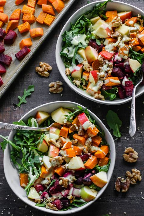 Autumn Harvest Salad Bowls with Maple Mustard Tahini - Flora & Vino Autumn Harvest Salad, Farmhouse Food, Fall Harvest Salad, Harvest Bowl, Vegan Thanksgiving Dinner, Carrot And Lentil Soup, Vegan Fall Recipes, Autumn Salad Recipes, Tahini Recipe