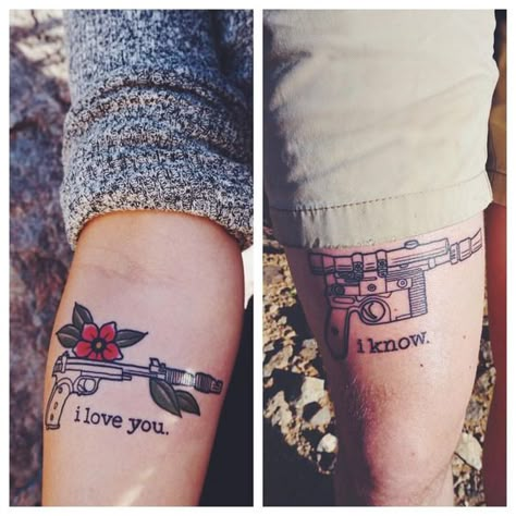 Leia Tattoo, Princess Leia Tattoo, Star Wars Blaster, Couple Tat, Tattoo Star, Star Wars Couples, Space Tattoos, Shadow Realm, Tattoo Couple