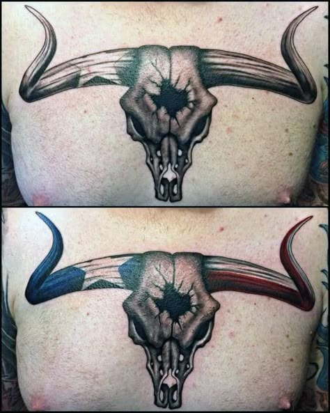 Longhorn Skull Tattoo Forearm, Bull Skull Tattoo For Men Leg, Texas Arm Sleeve Tattoo, Texas Themed Tattoos For Men, Texas Tattoo For Men, Texas Longhorn Tattoo, Skull Chest Tattoo, Longhorn Tattoo, Texas Steak