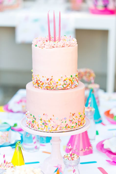 Two Sweet Party Food Ideas, Funfetti Birthday Party, Three Is So Sweet Birthday Party, Two Sweet Cake Table, 3rd Birthday Sprinkle Party, Candy Party Cake, One Is Fun Birthday Party Girl, Funfetti Themed Birthday Party, Fourever Sweet Birthday Cake