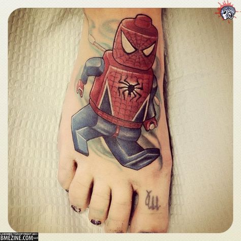 Spider Man Tattoo, Lego Tattoo, Lego Spider Man, Lego Spider, Rocket Tattoo, Spiderman Tattoo, Lego Spiderman, Man Tattoo