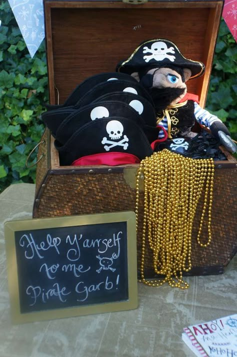 Pirate garb for the guests at a pirate pool birthday party! See more party ideas at CatchMyParty.com! Kids Pirate Party, Pirate Party Decorations, Mermaid Pirate Party, Pirate Garb, Pirate Themed Birthday Party, Pirate Themed Birthday, Pirate Theme Party, Pool Birthday, Pirate Day