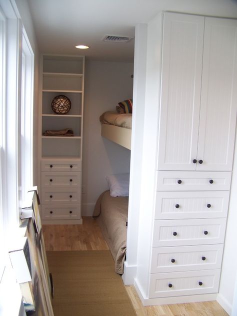 Turn cupboard and drawers into bed nooks & storage for Clothing  -  -  To connect with us, and our community of people from Australia and around the world, learning how to live large in small places, visit us at www.Facebook.com/TinyHousesAustralia Bed Nooks, Bed Nook, Bunk Rooms, Tiny Bedrooms, Bunk Bed Designs, Kids Bunk Beds, Bunk Room, Bunk House, Small Places