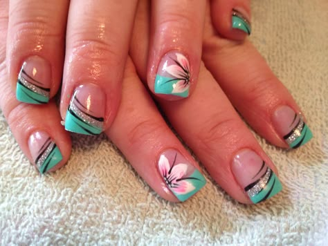 Cute Summer Nail Designs French Tip, Teal Nail Designs Turquoise, Pink And Turquoise Nails, Nail Tip Designs, Turquoise Nails, French Tip Nail Designs, Nagel Tips, Flower Nail Designs, French Nail Designs