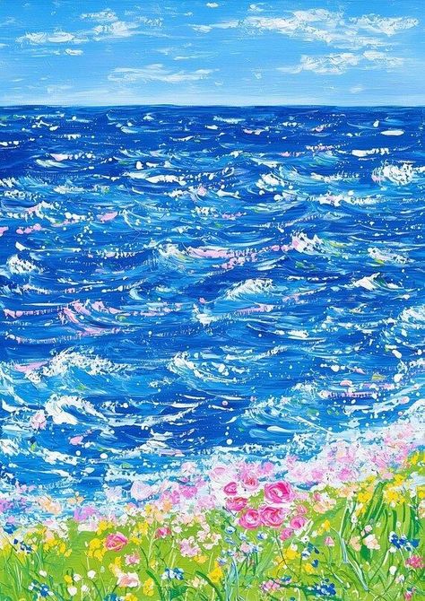 Custom Canvas Print of Vibrant Seascape with Colorful Floral Meadow Inspired by Impressionist Style for Wall Art Decor by CustomCanvasCurators Bring the serene beauty of the sea and colorful blooms into your space with this stunning custom canvas print 🌊🌼 Inspired by the masterful works of Claude Monet, this artwork captures the essence of a bright sunlit seascape with lively brush strokes and vibrant colors that evoke joy and serenity. Perfect for any home decor style, it's a must-have for... Monet Inspired Art, Floral Meadow, Tranquil Blue, Pink And Yellow Flowers, Custom Canvas Prints, Flowers Bloom, Clear Sky, Impressionist Paintings, Water Painting