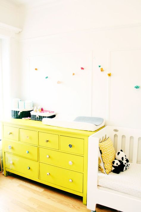 Old ikea dresser painted and used as dresser/changing table Ikea Nursery Hack, Yellow Dresser, Ikea Baby, Ikea Nursery, Diy Crib, Yellow Furniture, Ikea Dresser, Ikea Bookshelves, Yellow Nursery