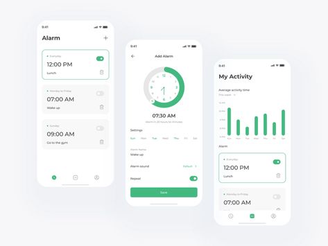 Tangio - Alarm App by Muhammad Khoer Alhabsyi for Pixmycode on Dribbble Alarm App, App Ui Design, Mobile Ui, App Ui, Mobile Design, Design Collection, Going To The Gym, Ux Design, Social Media Design