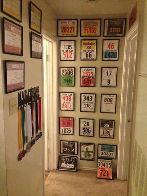 Space saving idea on how to display you achievements Running Bib Display, Race Medal Displays, Running Bibs, Running Medal Display, Medal Displays, Dance Cards, Race Medals, Trophy Display, Running Medals