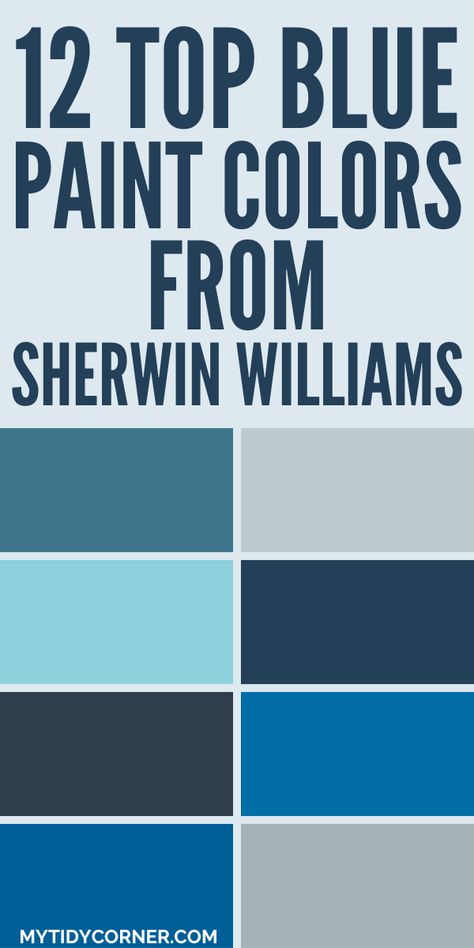 Collage of the top blue paint colors by Sherwin Williams. Bungalow Blue Sherwin Williams, Sherwin Williams Blue Color Palette, Byte Blue Sherwin Williams, Sherwin Williams Medium Blue, Popular Sherwin Williams Blue, Royal Blue Sherwin Williams, Best Blues For Bedroom, Sherwin Williams Sea Mariner, Sherwin Williams Boys Room Colors