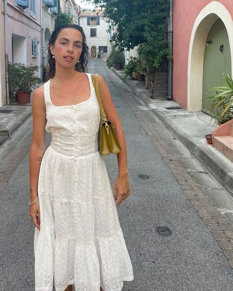 Rouje Paris on Instagram: "@ascellelou wearing our Allegra dress - #lavieenrouje #paris #frenchgirl #parisianstyle #parisianlifestyle #rouje #summer #summerinspo" Bologna Outfit Summer, Paris Summer Dress, Summer Dress Inspo Aesthetic, Europe Summer Dress, Scandinavian Minimalism Fashion, White Summer Dress Aesthetic, Summer Dress Ideas Casual, Rouje Summer, Rouje Dress