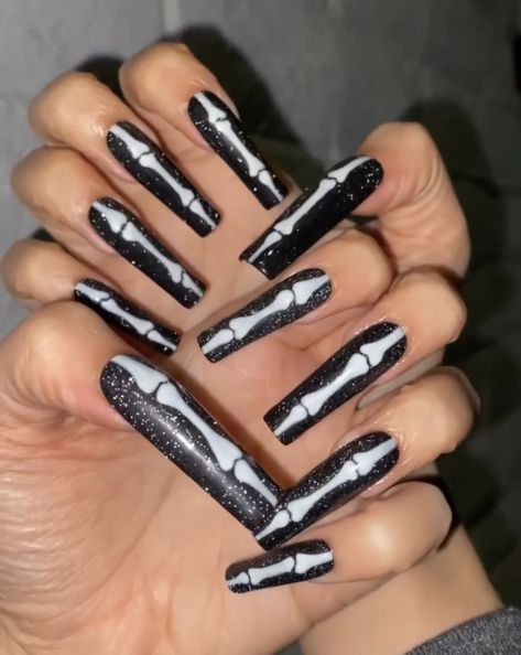 Reflective long bone nails happy Halloween Ongles Goth, Nail Art Halloween, Holloween Nails, Halloween Things, Halloween Acrylic Nails, September Nails, Goth Nails, Long Square Acrylic Nails, Bling Acrylic Nails