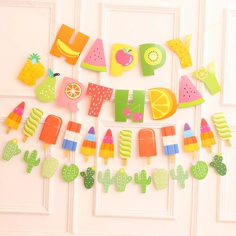 Hawaii Pool, Cactus Banner, Fruit Garland, Happy Birthday Banner Printable, Fruit Birthday Party, Paper Fruit, Luau Party Decorations, Fruit Birthday, Birthday Cartoon