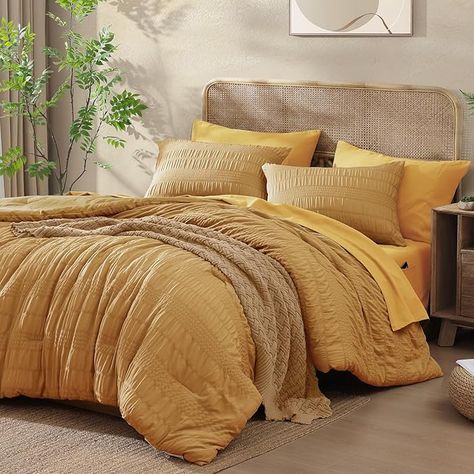 Amazon.com: CASAAGUSTO Queen Comforter Set, 7 Pieces Mustard Yellow Seersucker Bed in a Bag Queen Size Soft All Seasons, Bedding Sets with Comforter, Flat Sheet, Fitted Sheet, 2 Pillow Shams, 2 Pillowcases : Home & Kitchen Mustard Duvet Cover, Ochre Bedroom, Yellow Bedspread, Yellow Bed, Color Palette Interior, Color Palette Interior Design, Bedroom Paint Ideas, Queen Size Comforter Sets, Home Lights