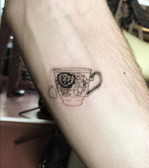 Fine line style tiny teacup tattoo on the left inner forearm. Tea Cup Tattoo, Teapot Tattoo, Tea Tattoo, Friendship Tattoo, Teacup Tattoo, Cup Tattoo, Favorite Tattoos, Inner Forearm Tattoo, London Tea