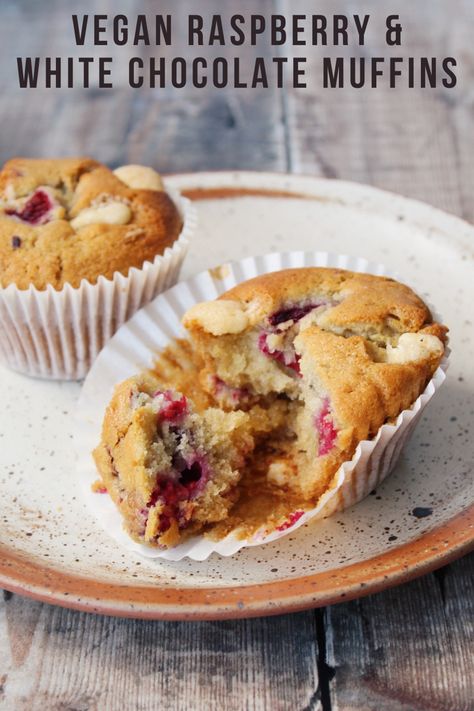 Vegan Raspberry Muffins, White Chocolate Raspberry Muffins, Raspberry Muffins Recipe, Raspberry White Chocolate Muffins, Vegan Strawberry Muffins, Chocolate Raspberry Muffins, Raspberry And White Chocolate Muffins, Dairy Free Pies, Raspberry Muffin Recipes