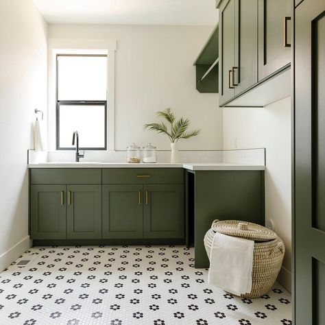 Laundry Room Black Floor, Laundry Flooring, Green Laundry Room, Laundry Room Addition, Laundry Room Black, Transitional Laundry Room, Laundry Room Tile, Laundry Floor, Green Laundry