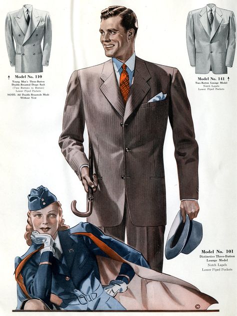 1940s Fashion | What The Best Dressed Civilians Wore - Print Magazine 40s Clothes, 1940s Mens Fashion, Black Men Suits, Historical Outfits, 1950s Mens Fashion, Suits Men Business, Mens Fashion Illustration, Radio Play, Mens Fashion Smart