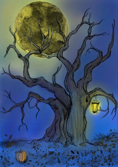 #art #drawing #tree #halloween #fall #halloweendrawing #dark #spooky #nightdrawing Creepy Trees Drawing, Scary Tree Illustration, Halloween Tree Painting, Spooky Woods Tattoo, Horror Tree Drawing, How To Draw A Spooky Tree, Haunted Tree Drawing, Spooky Tree Painting, Dark Tree Drawing