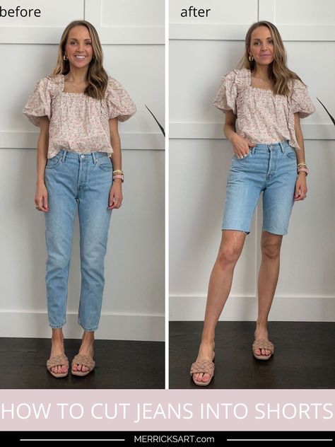 Making Jeans Into Shorts, Distress Shorts Diy, Cut Off Denim Shorts, Turn Pants Into Shorts, Diy Denim Shorts From Jeans, How To Make Cut Off Jean Shorts, Diy Jean Shorts From Jeans, How To Cut Off Jeans Into Shorts, How To Cut Pants Into Shorts