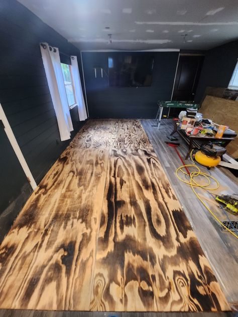 Torched Plywood Floor, Burnt Plywood Flooring Diy, Burnt Plywood Floor, Stained Plywood Floors, Plywood Flooring Diy, Pallet Flooring, Plywood Floors, Plywood Floor, Floor Stain