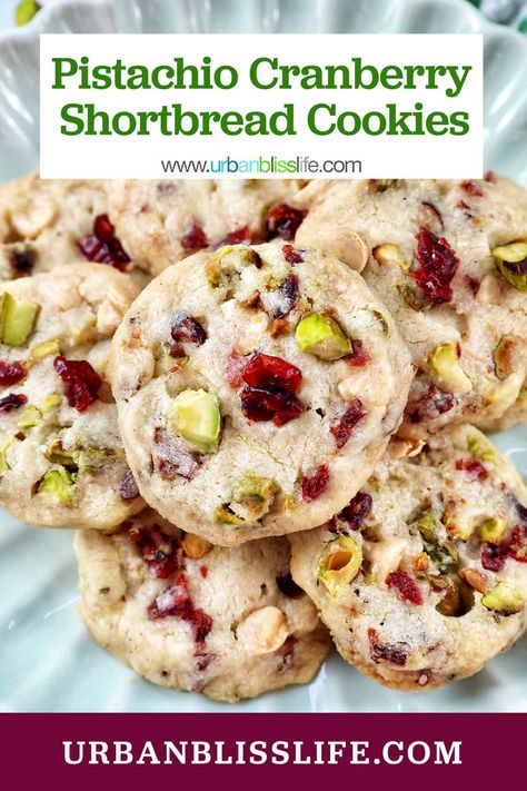 This Pistachio Cranberry Shortbread cookie recipe is perfect for Christmas and other fall and winter holiday entertaining and gift giving! Get this Christmas cookie recipe and more holiday cookie recipes at UrbanBlissLife.com. Cranberry Pistachio Orange Cookies, Cranberry Nut Cookies Recipe, Plum Cookies Recipes, Pistachio And Cranberry Cookies, Cranberry And Pistachio Cookies, Cranberry And Pistachio Shortbread, Pistachio Cranberry Shortbread Cookies, Pistachio Cranberry Shortbread, Holiday Shortbread Cookies