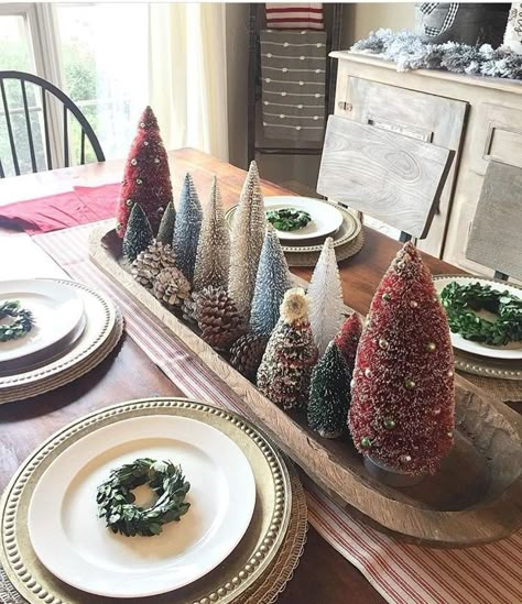 Christmas Bottle Brush Trees | Addy Rose Interiors Christmas Nostalgia, Bottle Brush Christmas Trees, Tree Centerpieces, Bottle Brush Tree, Vintage Bottle, Christmas Tablescapes, Bottle Brush Trees, Christmas Table Settings, Bottle Brush