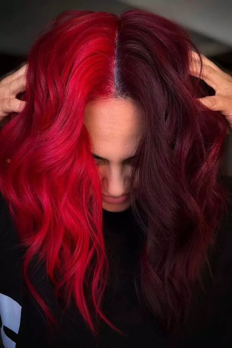 Red Roots Blonde Hair, Color Blocking Hair, Color Block Hair, Red Hair Looks, Half And Half Hair, 2024 Hair Color, Split Dyed Hair, Hairstyle Examples, Dyed Red Hair