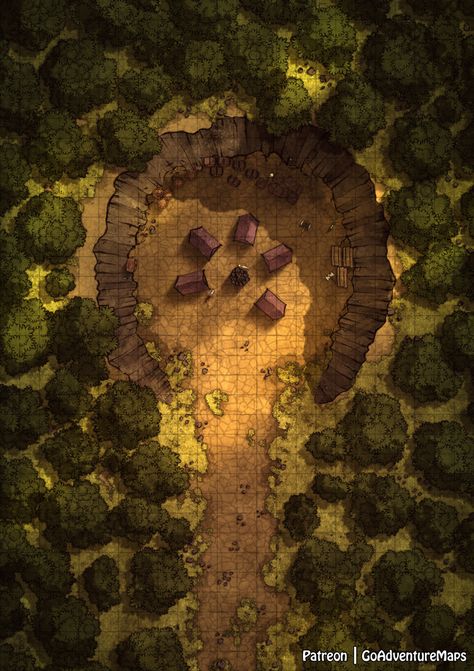 Bandit Camp 24x34 - Public | GoAdventureMaps on Patreon Forest Camp Battlemap, Bandit Camp Battlemap, Bandit Camp, Roll20 Maps, Grid Rpg, Pathfinder Maps, Dnd Battle Maps, Forest Map, Dnd World