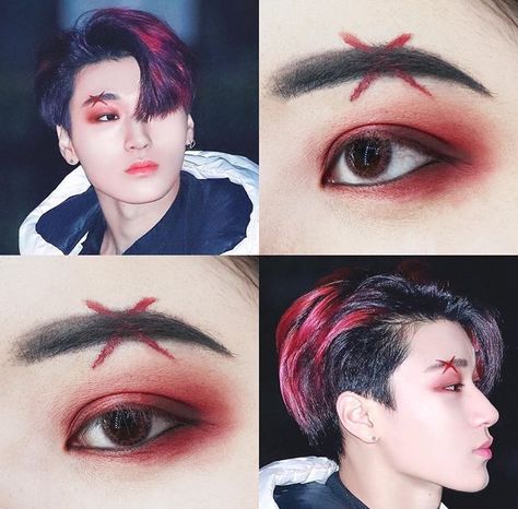 Kpop Mens Makeup, Kpop Guy Makeup, Vampire Kpop Idols, Male Korean Makeup, Ateez Concert Makeup Ideas, Ateez Concert Makeup, Ateez Inspired Makeup, Ateez Makeup Looks, Kpop Male Makeup