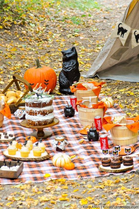 Halloween Black Cat Picnic by Kara's Party Ideas | Kara Allen… October Picnic Ideas, Spooky Picnic Ideas, Halloween Picnic Ideas, Spooky Picnic, Fall Picnic Ideas, Cat Picnic, Black Cat Party, Halloween Picnic, Woodland Picnic