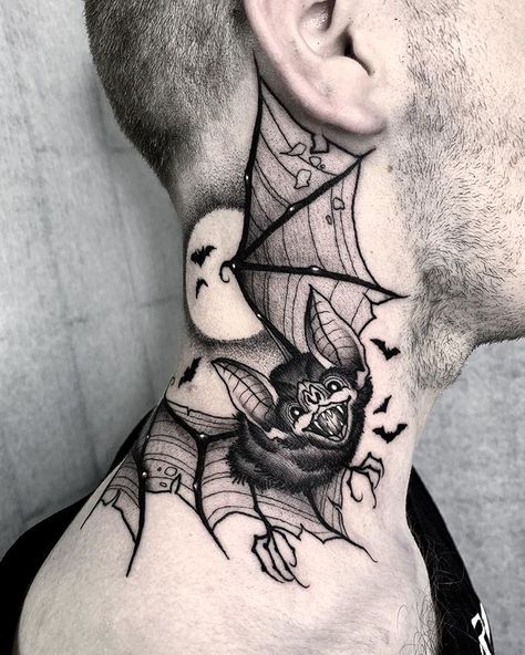 Bats 🦇 . . . #blackwork #inkedmag #dotworker #battattoo #necktattoo #gothictattoo #dotworktattoo #tattoosnob #btattooing #tttpublishing… Bats Tattoo, Witchcraft Tattoos, Throat Tattoo, Goth Tattoo, Neck Tattoos Women, Bat Tattoo, Witch Tattoo, Neck Tattoos, Spooky Tattoos