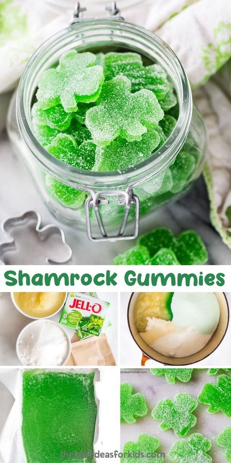 Make an easy St Patrick's day treat with these shamrock gummies! Such a fun and easy dessert for St Patrick's day using Jello. Gummies With Jello, St Patricks Food, St Patrick Day Snacks, Homemade Gummies, Jello Recipe, St Patrick Day Treats, Gummies Recipe, St Patricks Crafts, St Patricks Day Crafts For Kids