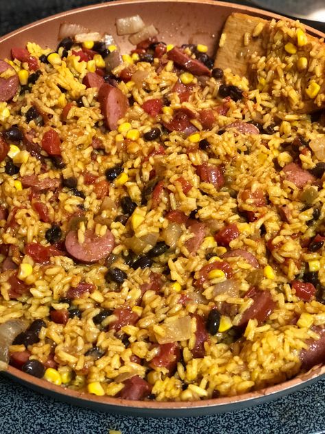 Kielbasa & rice casserole – My World Simplified Kielbasa And Rice, Kielbasa Rice, Sausage And Rice Casserole, Kielbasa Recipes, Large Family Meals, One Skillet Meals, Rice And Beans, Yellow Rice, Large Families