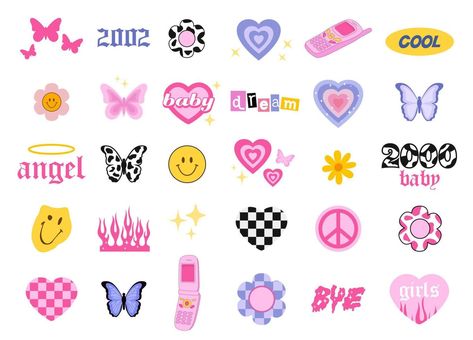 Y2k style icons. Glamorous trendy doodles set. 90s and 2000s style. Vector Creative Collage Ideas, Angel Baby Girl, 2000s Icons, Y2k Stickers, Y2k Icons, Fashion Vector, 2000s Style, Easy Doodles Drawings, Tattoo Flash Art