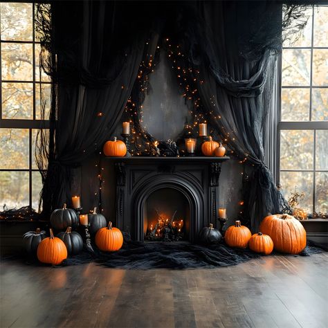 Eclectic Interior Design Vintage, Halloween Fireplace, Backdrop Stands, Fall Fireplace, Halloween Mantle, Black Fireplace, Custom Backdrops, Halloween Backdrop, Elegant Halloween