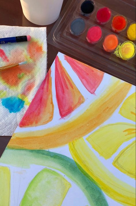 Bright colours, paint, citrus fruit, water colour Summer Time Paintings, Cute And Easy Watercolor Ideas, Simple Summer Painting Ideas, Summer Painting Easy, Summer Canvas Painting Ideas Easy, Summer Painting Ideas Easy, Summer Paintings Easy, Easy Summer Paintings On Canvas, Easy Summer Paintings