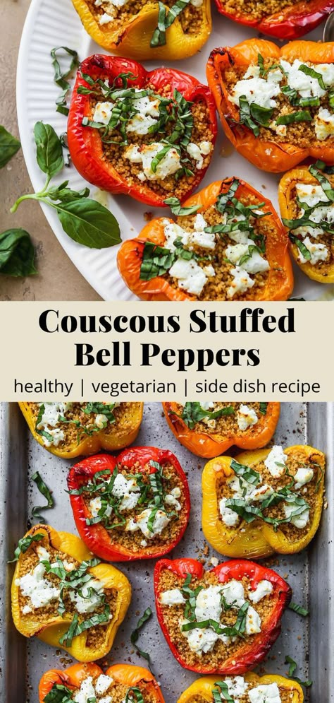 Vegetarian couscous stuffed bell peppers with goat cheese and basil. Stuffed Peppers Vegetarian, Vegetarian Couscous, Couscous Stuffed Peppers, Vegetarian Side Dish Recipes, Baked Peppers, Vegetarian Stuffed Peppers, Vegetable Side Dishes Healthy, Healthy Breakfast Meal Prep, Vegetable Side Dish