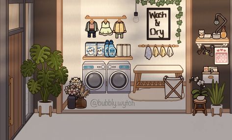 Laundry wash room with a diy frame clothes Toca Boca Room Ideas Aesthetic Modern Mansion Laundry, Laundry Toca Boca Ideas, Aesthetic Toca Boca House Modern Mansion Laundry Room, Toca Boca Laundry Room Ideas Mansion, Aesthetic Toca Boca House Modern Mansion Bedroom, Modern Mansion Toca Boca Laundry Room, Aesthetic Toca Boca House Modern Mansion Kitchen, Toca Mansion Design Kitchen, Tocaboca Modern Mansion Ideas