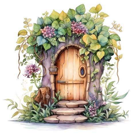 Rustic Doors, Fairy Door, Fairy Doors, Door Stickers, Digital Watercolor, Watercolor Rose, Textile Artists, Wooden Doors, Watercolor Clipart