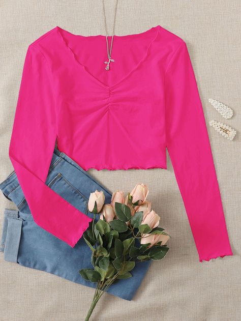 Hot Pink Casual Collar Long Sleeve Cotton Plain  Embellished Slight Stretch Spring/Fall Women Tops, Blouses & Tee Hot Pink Shirt Outfit, Pink Lettuce, Neon Pink Crop Top, Neon Pink Shirts, Neon Pink Tops, Hot Pink Outfit, Pink Closet, Hot Pink Tops, Neon Outfits