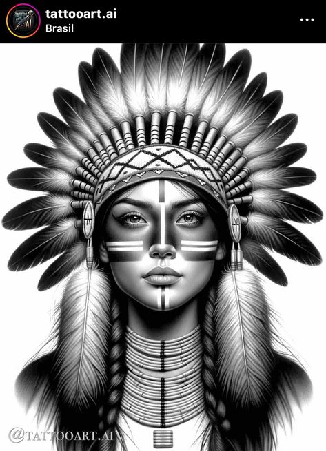 Native American Tattoo Art, Indian Chief Tattoo, Indian Women Tattoo, Indian Girl Tattoos, Native American Tattoo Designs, Indian Tattoo Design, American Indian Tattoos, Native American Tattoo, Tattoo Lettering Design