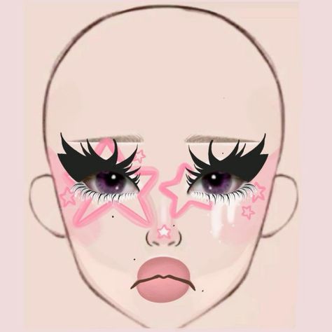 Clown Makeup Star Eyes, Pink Vampire Makeup, Clown Makeup Looks Drawing, Halloween Makeup Pink, Face Chart Makeup Ideas, Face Charts Makeup, Makeup Ideas Drawing, Cat Makeup Look, Clown Makeup Looks