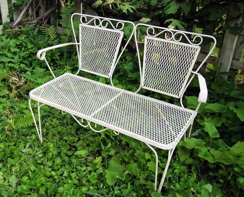 Salterini Garden Patio Outdoor Bench Loveseat by joevintage, $175.00 Bench Loveseat, Vintage Metal Patio Furniture, Vintage Aluminum Outdoor Furniture, Iron Outdoor Bench, Vintage Metal Outdoor Chairs, Wrought Iron Bench, Rode Iron Outdoor Bench, Furniture Shops, Iron Bench